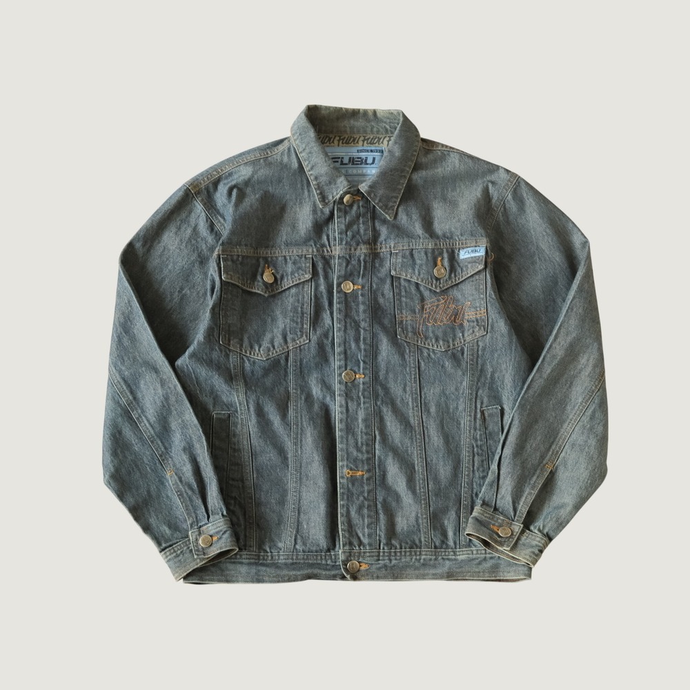 FUBU‎ Denim Jacket Mens Medium Blue Embroidered Logo Streetwear Vintage L 14-16